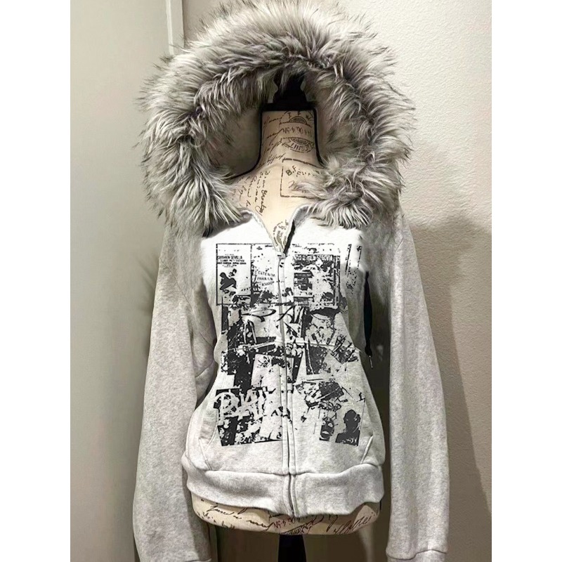 Embroidery Zip Up Hoodie - Grey Faux Fur Wool Double Zipper