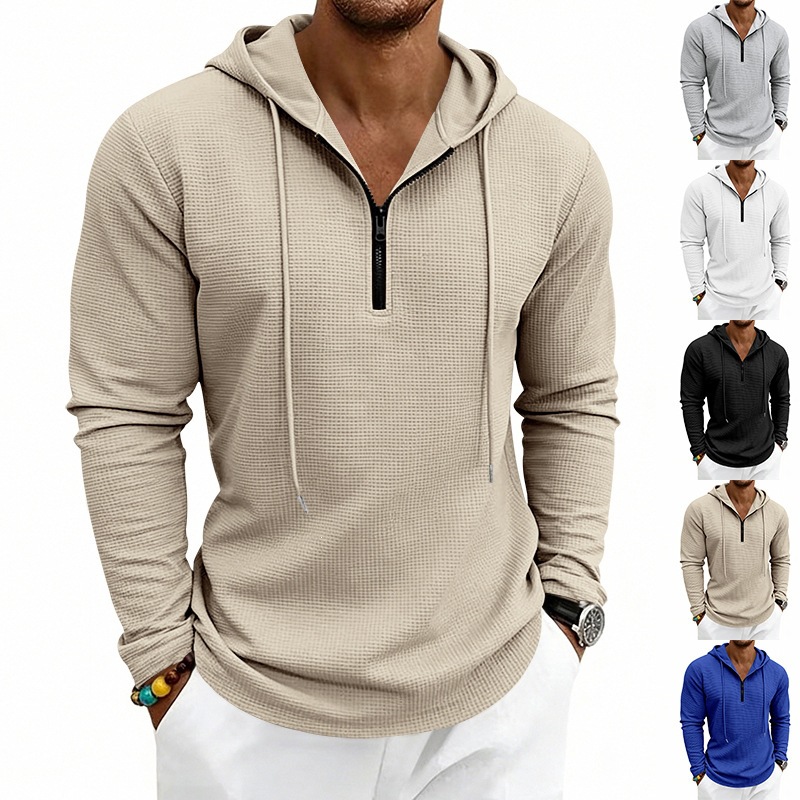 Embroidery Zip Up Hoodie - Men Waffle Knit Half‑Zip Hoodie, Drawstring