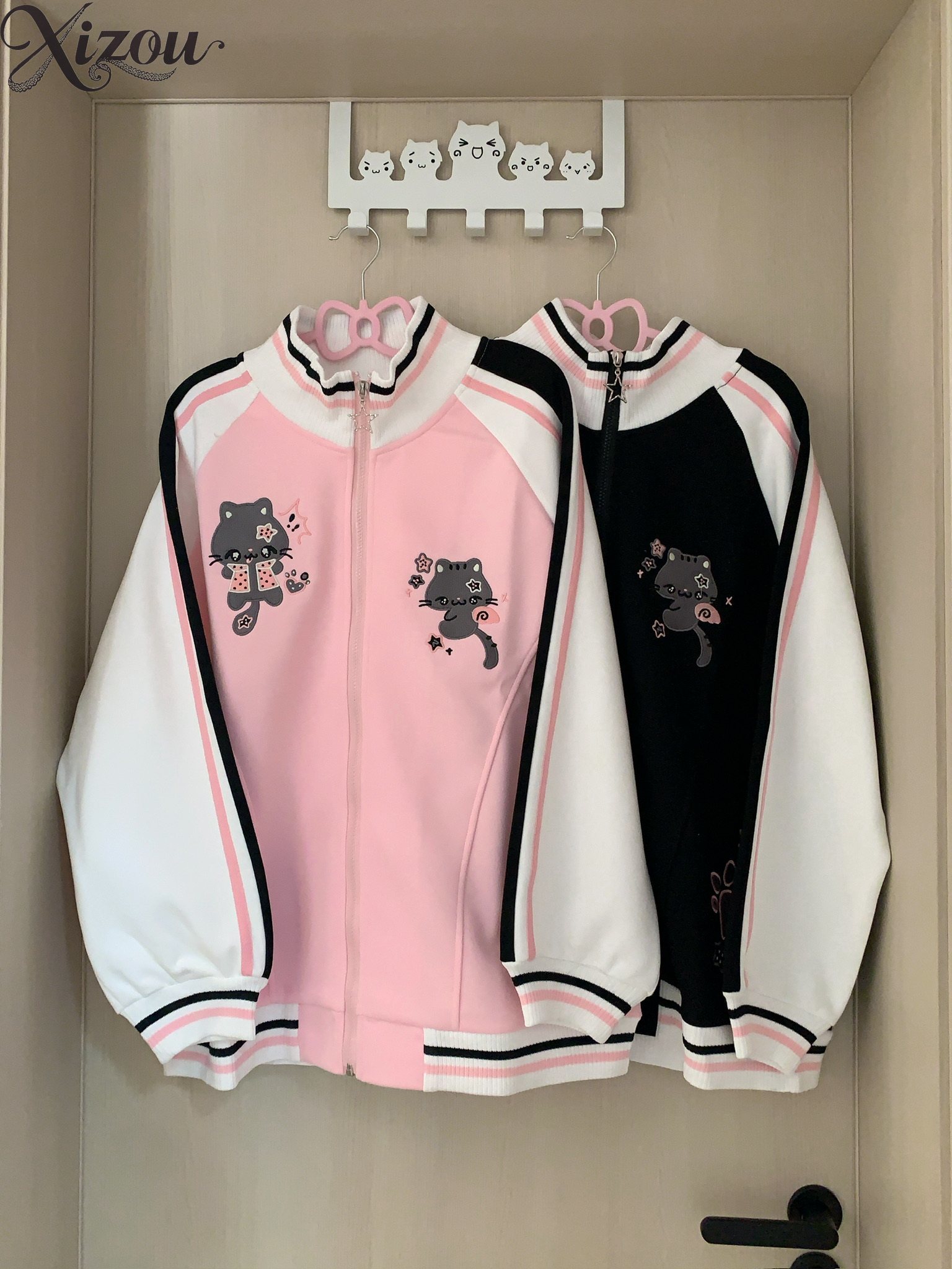 Embroidery Zip Up Hoodie - Harajuku Cute Cat Hoodie Embroidery Zip