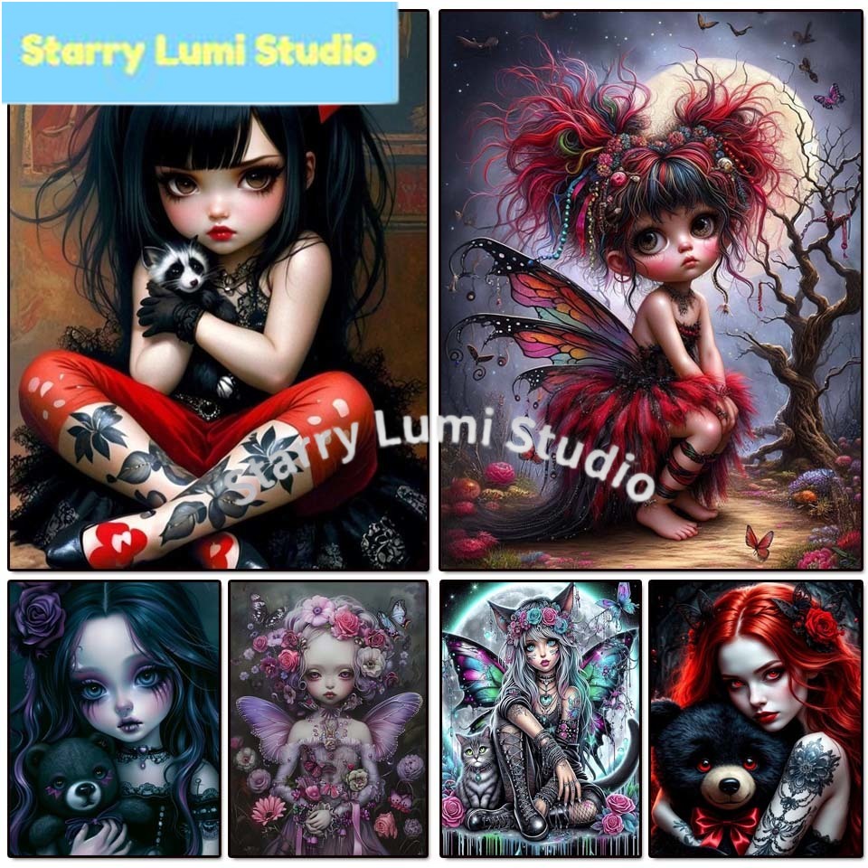 Embroidery Cat - 5D Diamond Painting Kit Gothic Girl