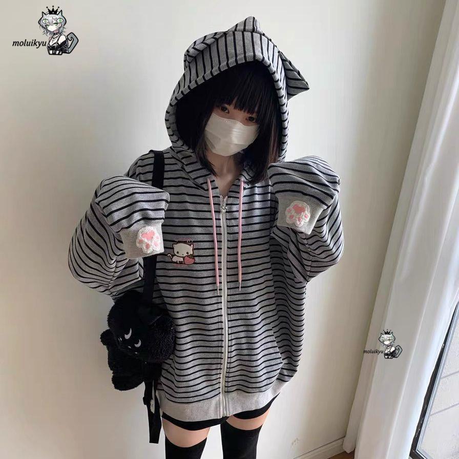 Y2K Women Striped Zip Up Jacke - Embroidery Zip Up Hoodie recension och pris