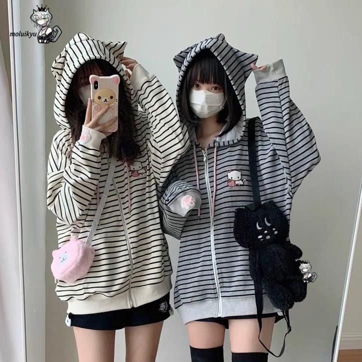 Y2K Women Striped Zip Up Jacke - Embroidery Zip Up Hoodie recension och pris