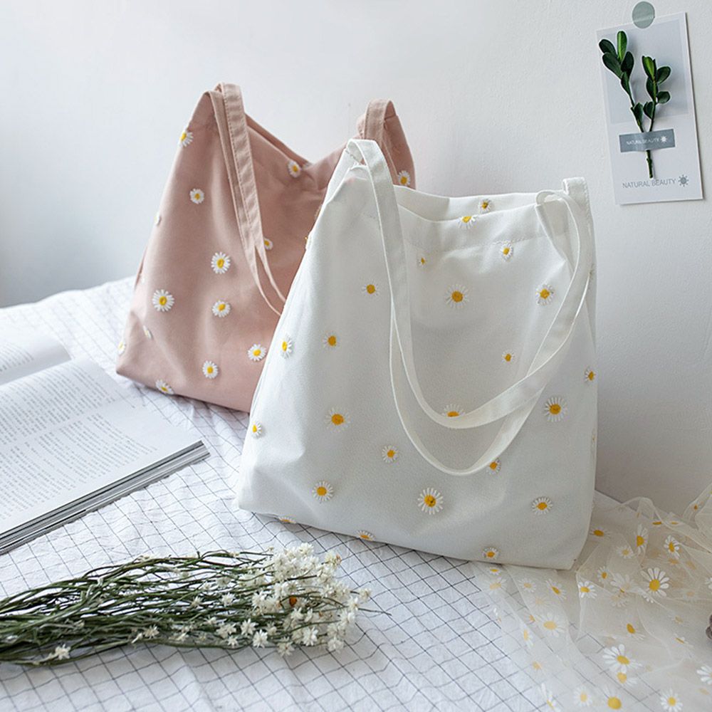 Women Canvas Bags Girls Shoppi - Embroidery Daisy Flower recension och pris