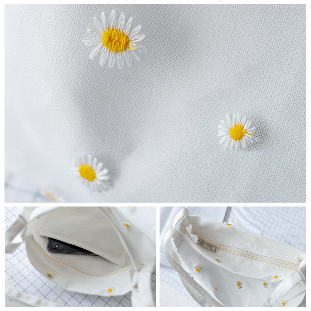 Women Canvas Bags Girls Shoppi - Embroidery Daisy Flower recension och pris