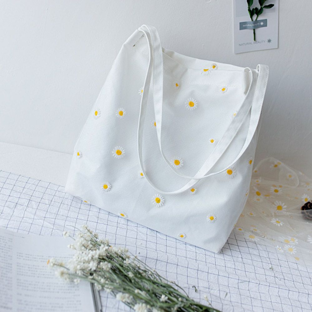 Women Canvas Bags Girls Shoppi - Embroidery Daisy Flower recension och pris