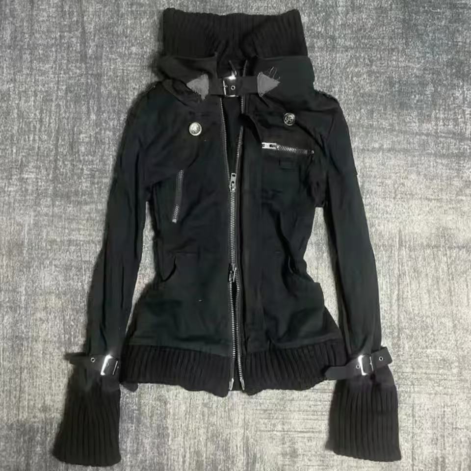 Y2K Gothic Black Slim Double Z - Embroidery Zip Up Hoodie recension och pris